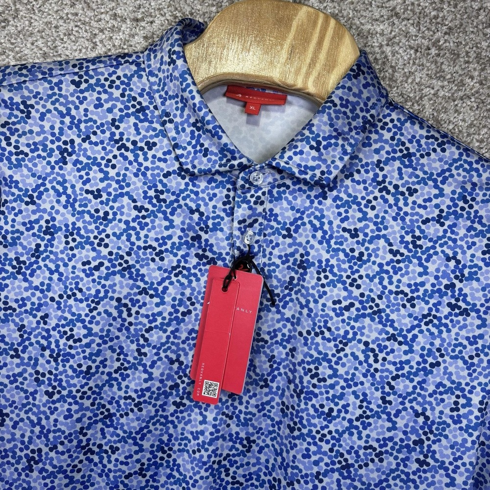 NWT Redvanly Polo Shirt Mens XL Blue Lavender Dot Print Fourcy Golf Stretch
